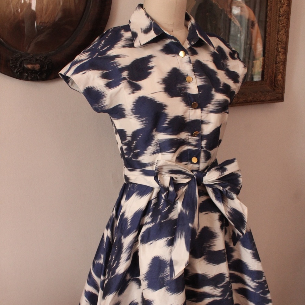 Sara Campbell 50's Style Blue and White Button Front Dress with Waist Tie